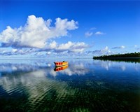 Framed Reflection Of Clouds And Boat On Water, Tahiti