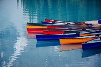 Framed Colorful Rowboats Moored In Calm Lake, Alberta, Canada
