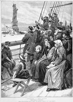 Framed Group Of Arriving Immigrants Huddled On Ship Deck Waving At Statue Of Liberty
