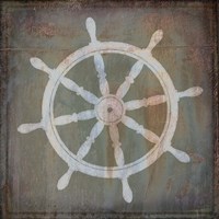 Framed 'Rusty Sign Nautical Wheel' border=