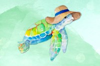 Framed Turtle With Hat on Watercolor (blue)