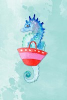 Framed Seahorse With Bag on Watercolor (blue)
