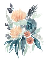 Framed Teal & Peach Bouquet I