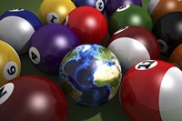 Framed Pool Table With Balls and One of Them As Planet Earth