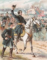 Framed General Joseph Hooker riding on a horse and waving at his troops