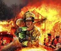Framed Fireman saving a Boy from a Burning Building