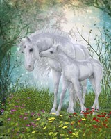 Framed Unicorn Foal with Mother  in a Magical Forest