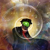 Framed Man in Black Suit Magritte Style Time Spiral in Universe
