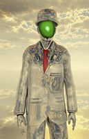 Framed Metallic Man With Face Obscure By Green Apple