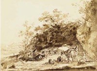 Framed Sepia Landscape with Horses