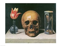 Framed Vanitas Still Life with a Tulip, Skull and Hour-Glass