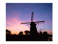 Framed Silhouette, Windmills On Purple Sunset, Kinderdijk, Netherlands