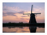 Framed Silhouette, Windmills at Sunset, Kinderdijk, Netherlands Blue Light