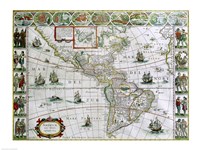Framed Map of North and South America, Joan Bleau, 1630