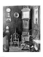 Framed Antique clocks in a living room