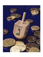 Framed Close-up of a Hanukkah dreidel with Hanukkah gelts