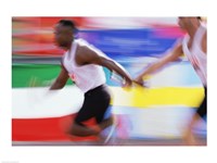 Framed Side profile of two young men passing a relay baton