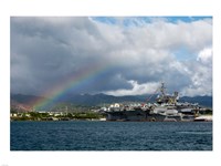 Framed US Navy, A Rainbow Arches Near the Aircraft Carrier USS Kitty Hawk