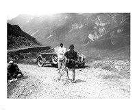 Framed Belgian Maurice Geldhof is climbing part of the Aubisque on foot. Tour de France 1928