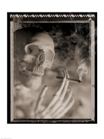 Framed Side profile of a skeleton holding a cigarette