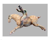 Framed ceramic female polo player, from northern China, Tang Dynasty