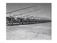 Framed Helicopters in a row, Bell H-13D, Korean War