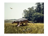 Framed Ankylosaur walking in a field and a pteranodon flying in the sky
