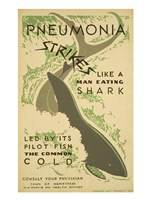 Framed Pneumonia strikes like a man eating shark led by its pilot fish the common cold Consult your physician