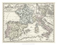 Framed Map of France, Spain & Italy