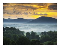 Framed Asheville NC Blue Ridge Mountains Sunset and Fog Landscape