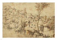 Framed Landscape with Shepherds by a River and a Town Beyond