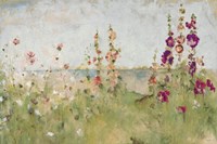 Framed Hollyhocks by the Sea