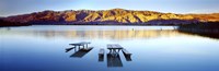 Framed Picnic tables in the lake, Diaz Recreation Area Lake, Lone Pine, California, USA