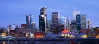 Framed Buildings lit up at dusk, Denver, Colorado