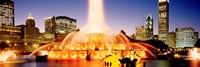 Framed Fountain lit up at dusk, Buckingham Fountain, Chicago, Illinois, USA