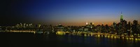 Framed City skyline at night, view of Manhattan from Long Island, New York City, New York State, USA