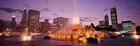 Framed Fountain lit up at dusk in a city, Chicago, Cook County, Illinois, USA