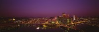 Framed High angle view of buildings lit up at night, Three Rivers Stadium, Pittsburgh, Pennsylvania, USA