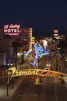 Framed Neon casino signs lit up at dusk, El Cortez, Fremont Street, The Strip, Las Vegas, Nevada, USA