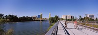 Framed Bicyclists along the Sacramento River with Tower Bridge in background, Sacramento, Sacramento County, California, USA