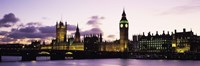 Framed Buildings lit up at dusk, Big Ben, Houses of Parliament, Thames River, City Of Westminster, London, England