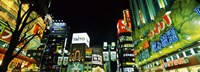 Framed Low angle view of buildings lit up at night, Shinjuku Ward, Tokyo Prefecture, Kanto Region, Japan