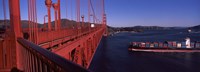 Framed Container ship passing under a suspension bridge, Golden Gate Bridge, San Francisco Bay, San Francisco, California, USA