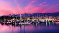 Framed Boats moored in harbor at sunset, Santa Barbara Harbor, Santa Barbara County, California, USA