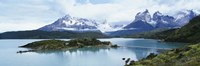 Framed Island in a lake, Lake Pehoe, Hosteria Pehoe, Cuernos Del Paine, Torres del Paine National Park, Patagonia, Chile