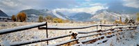 Framed Wooden fence covered with snow at the countryside, Colorado, USA