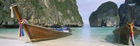 Framed Longtail boats moored on the beach, Mahya Beach, Ko Phi Phi Lee, Phi Phi Islands, Thailand