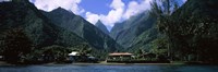 Framed Mountains and buildings on the coast, Tahiti, French Polynesia