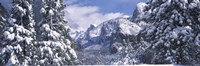 Framed Mountains and waterfall in snow, Tunnel View, El Capitan, Half Dome, Bridal Veil, Yosemite National Park, California