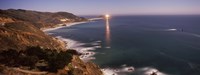 Framed Lighthouse lit up at night, moonlight exposure, Big Sur, California, USA